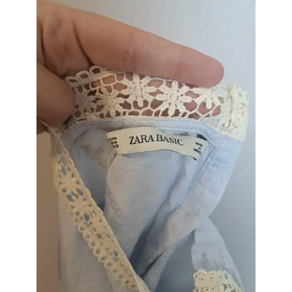 Zara Linen Light Blue Puff Sleeve Lace Collar Top Sz M